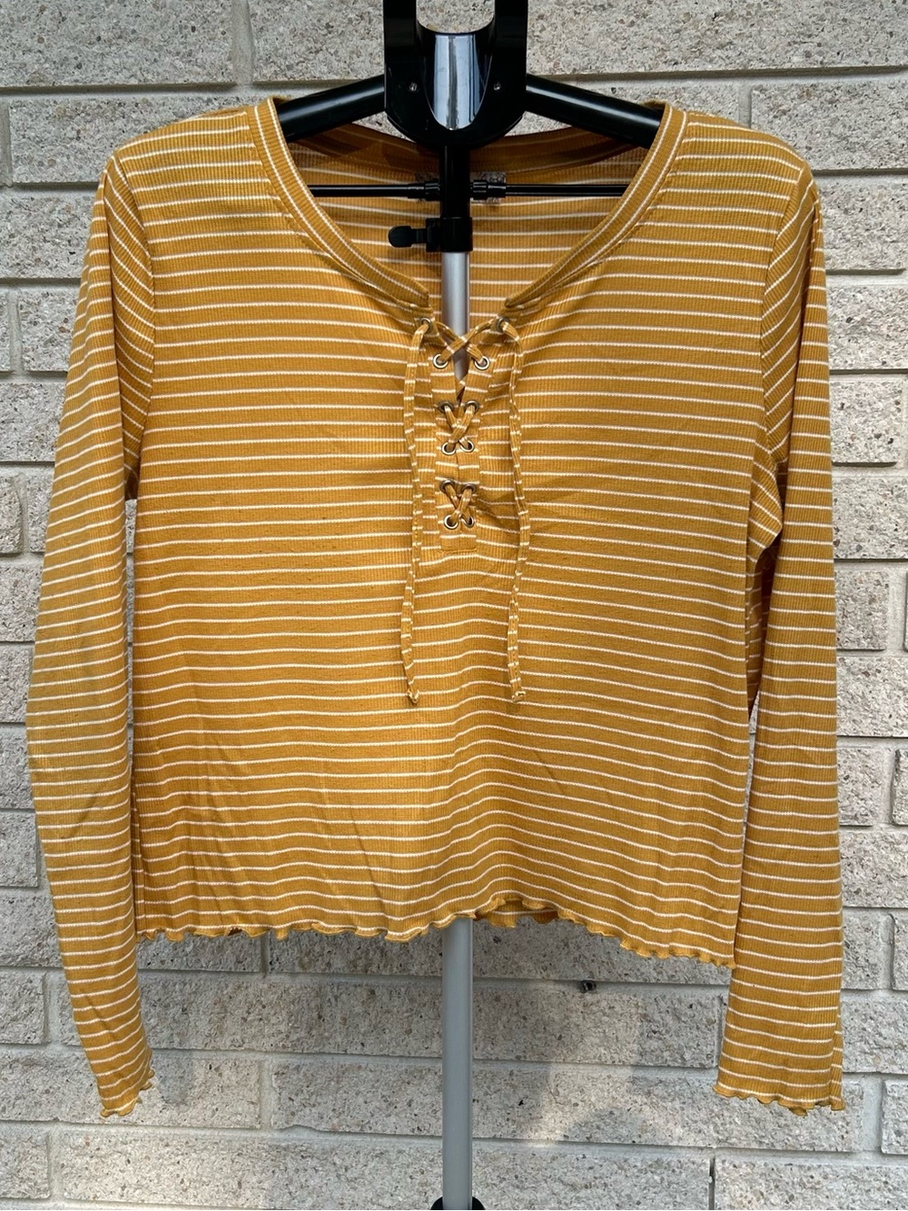 Pink Republic Mustard Striped Lace-Up Long Sleeve Top